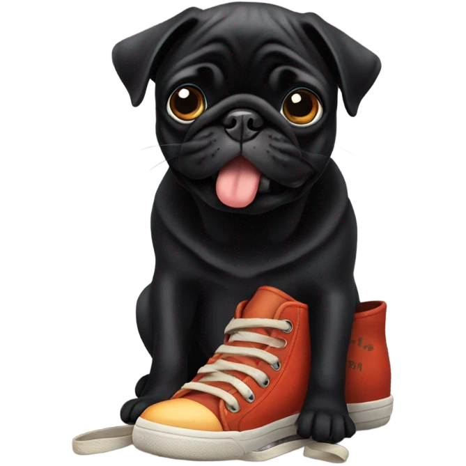 Black pug chewing on a shoe emoji