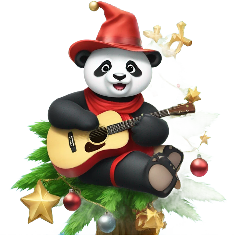 Panda wearing cowboy boots with a Christmas hat on, while sitting in a Christmas tree, holding a cracker, under the sea emoji