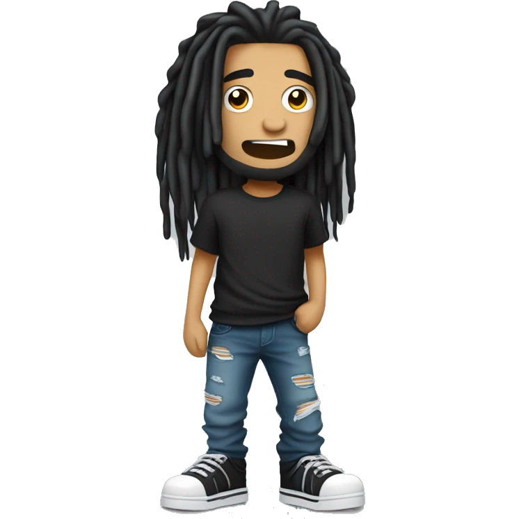 3D cartoon character, Indonesian man with long black dreadlocks, wearing a black rocker t-shirt and ripped jeans, wearing a watch emoji