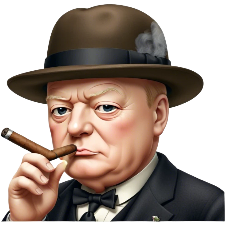 Cinematic Realistic Winston Churchill Portrait Emoji, depicted as a resolute British statesman with a signature bowler hat and a cigar, exuding determined leadership and wartime valor, rendered with lifelike textures and dramatic vintage lighting that captures his iconic British spirit. emoji