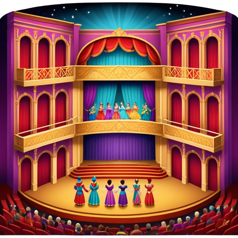An icon showing a grand theater stage with actors performing in a vibrant play, surrounded by dramatic lighting. The audience watches from colorful balconies, adding to the lively atmosphere. The design captures the magic of live theater, set against a transparent background. emoji