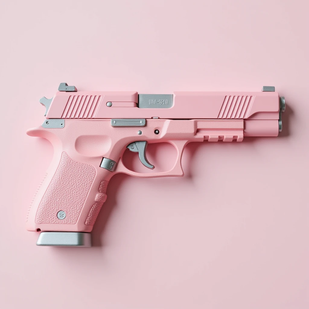 photorealistic pink pistol with a silver trigger and accents, no heart shapes or motifs, white background emoji