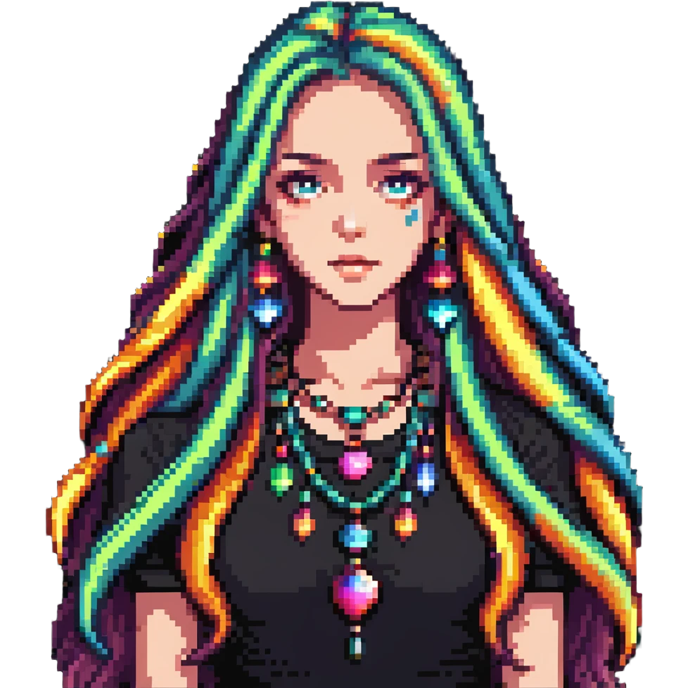 Beautiful girl with metal jewelry, colorful, long hair, dreamy expression emoji