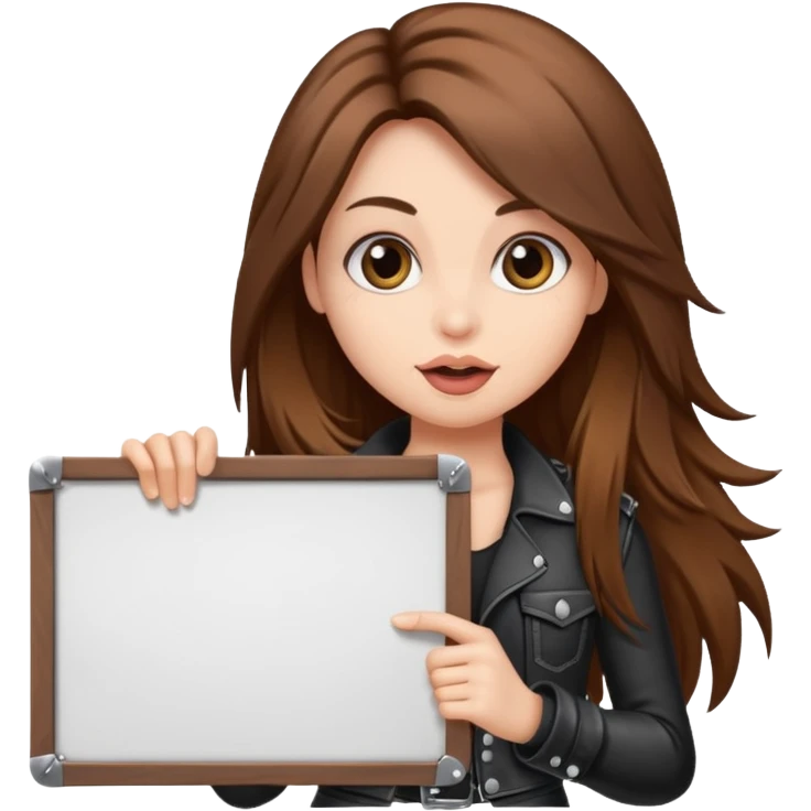 A fair skin rocker chick with long brown hair holding a large blank sign emoji