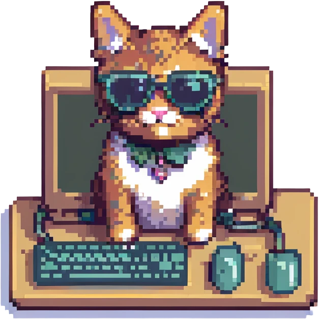 cat with sunglasses using a computer, pixel art style emoji