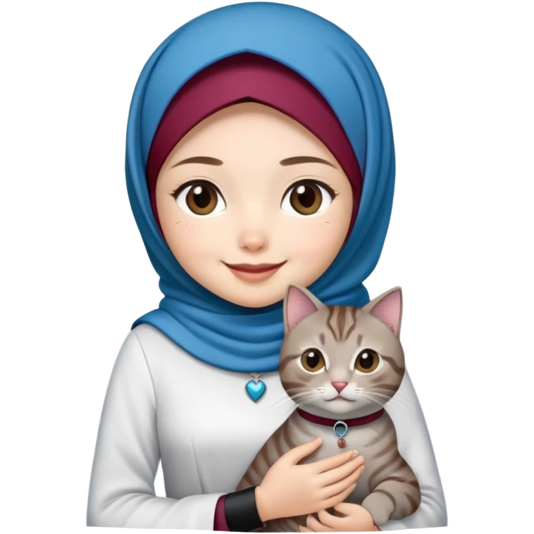 Asian White girl wearing maroon hijab, white dress holding a black grey tabby cat while smiling. The cat is wearing a blue collar emoji