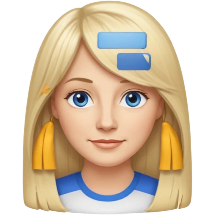 40 yr old white woman, curtain bangs, very long straight blond hair, oval face, small smile, blue eyes, thin oval face, hair down to elbows emoji