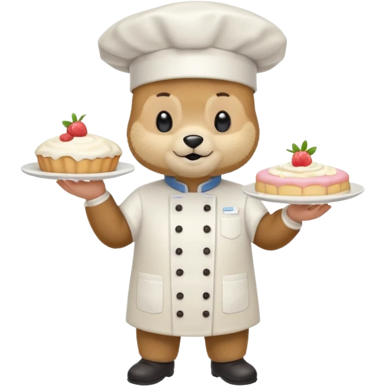 quiero un oso de pie con un delantal de pasteleria y un jorrito de chef que una mano tenga una manga oastlera emoji