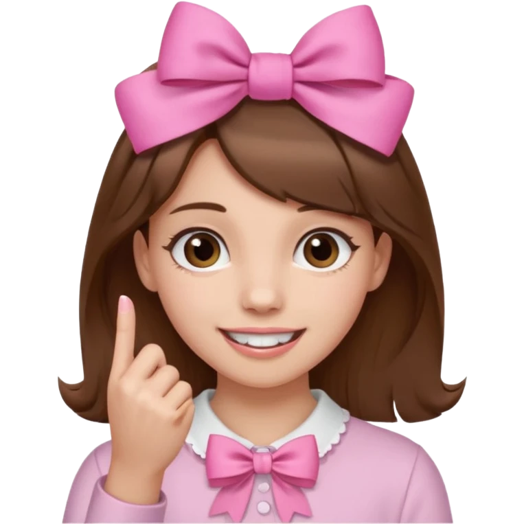 Chica con pelo marron sonriendo con un lazo rosa en la cabeza y con la punta del dedo indice entre los dientes con delicadeza y la otra mano que no salga en el emoji emoji