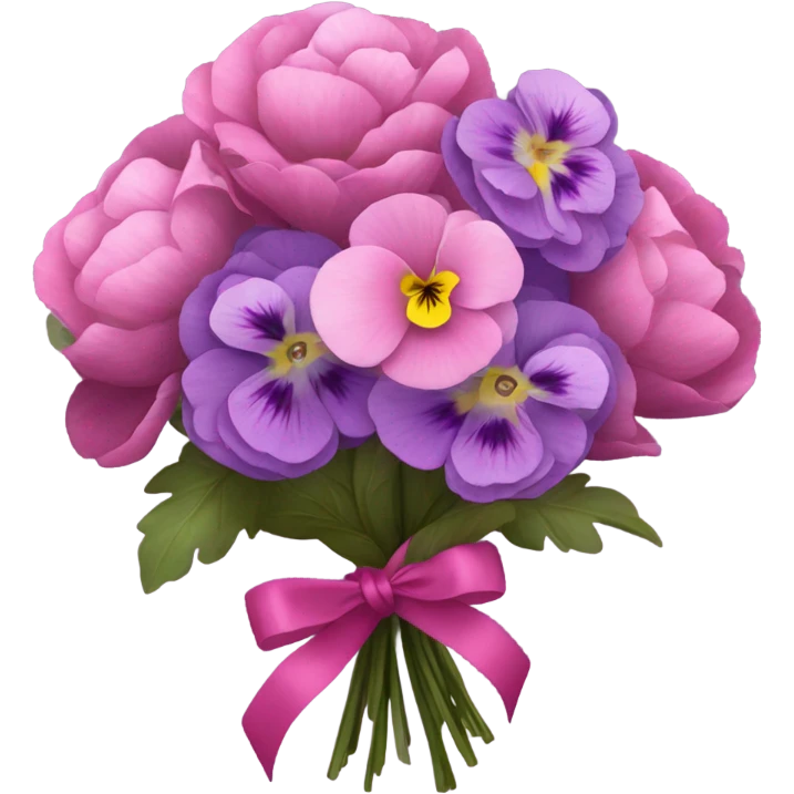 Bouquet composed of pink pansies, violet peonies tied with a dark pink ribbon and in the background purple butterflies emoji