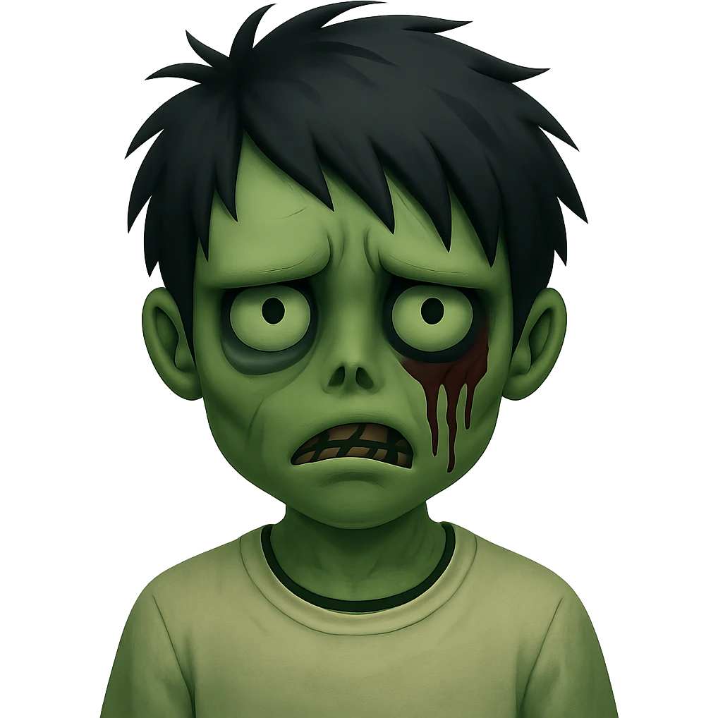 Add green skin to the zombie boy with black medium-length messy emo hair, dark and spooky expression, wearing a white shirt, no background, in emoji style. emoji