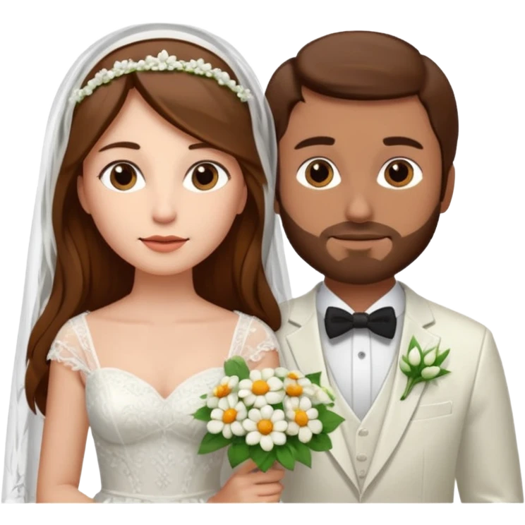 Woman with long brown hair and fair skin wearing a wedding dress and veil. And a man with short brown hair and fair skin wearing a white suit with a flower. emoji