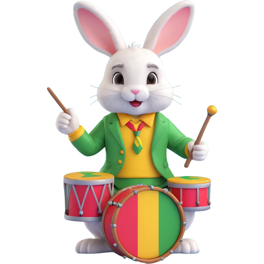 a bunny playing reggae music on a small drum, colorful and lively, Jamaican style emoji