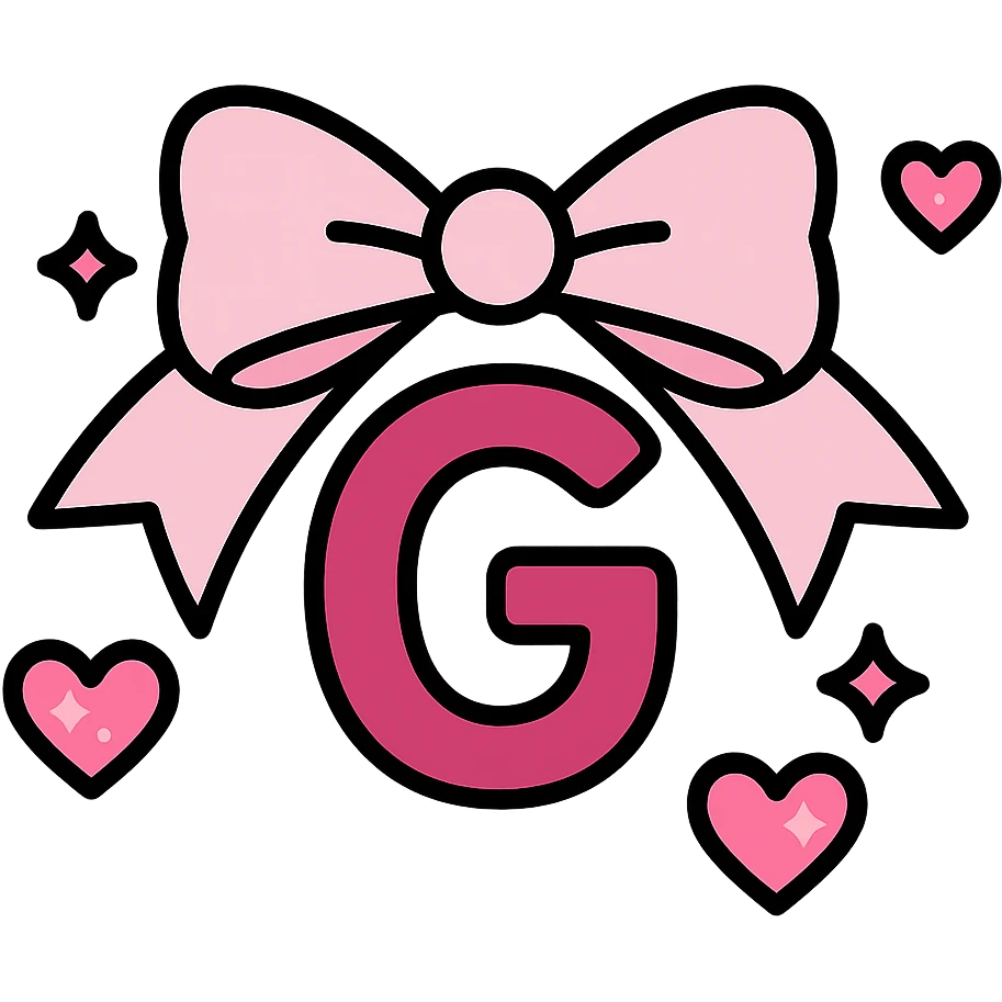dark pink letter G surrounded by a light pink bow with floating glittery pink hearts emoji