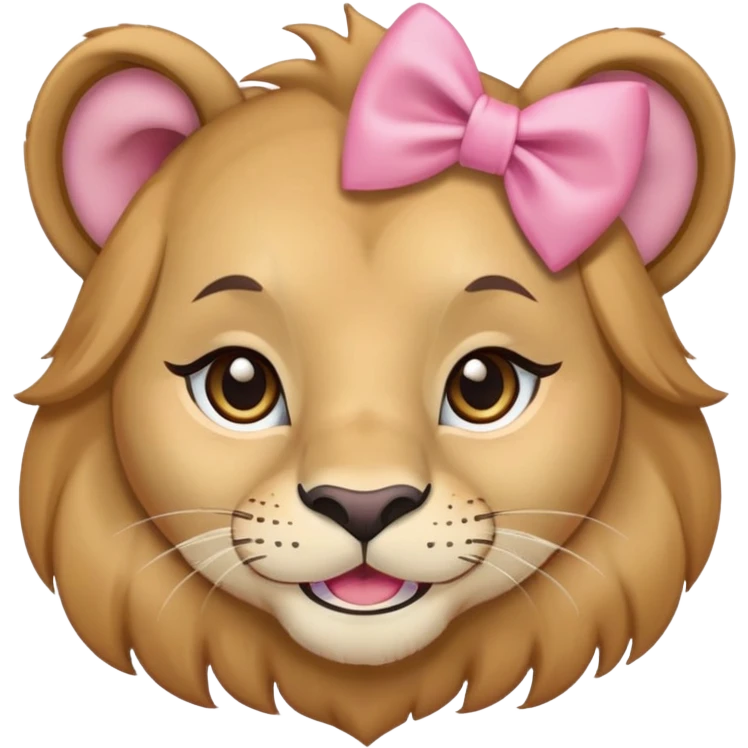 A lioness with feminine features, wearing a pink bow, long eyelashes, and a cute smile emoji