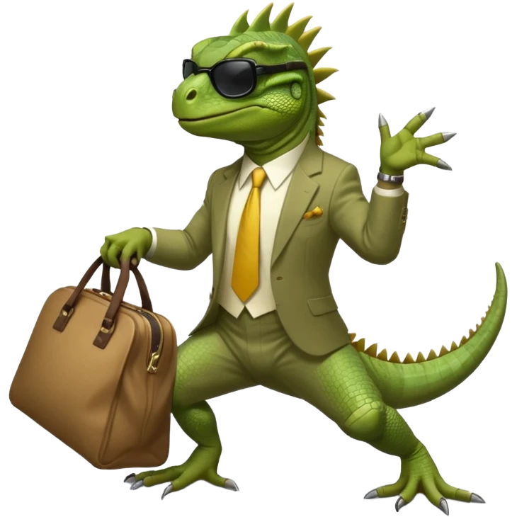 capitalist iguana banker godfather with black sunglasses breakdance with bag emoji