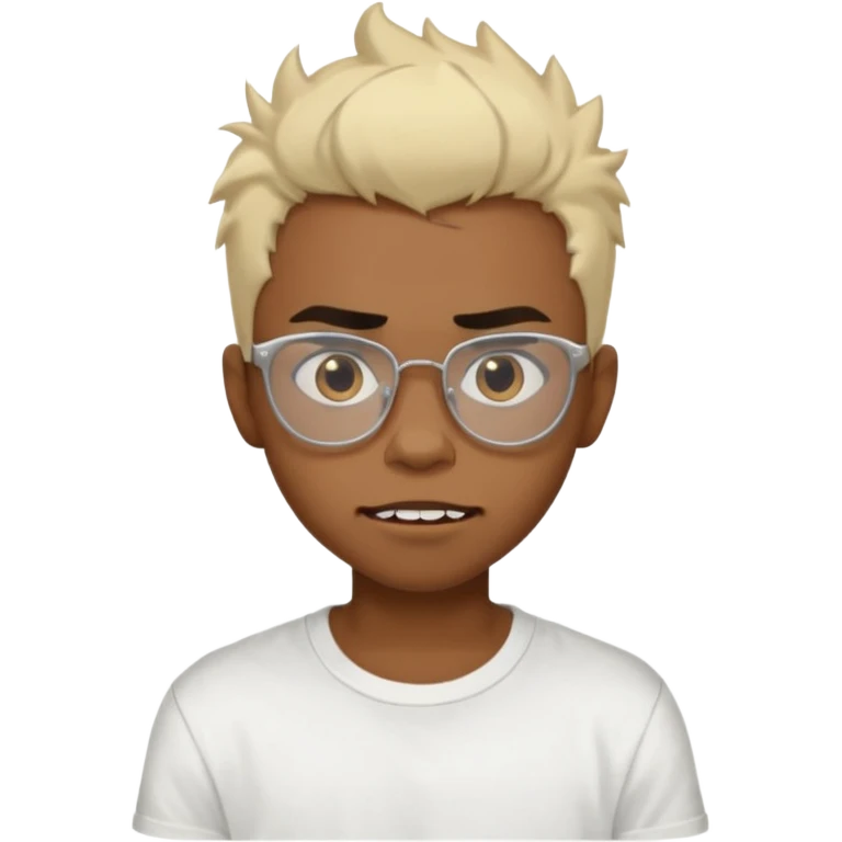 Black Male Teenager with Short punk messy blonde hair, Dark brown bushy eyebrows large expressive golden-brown eyes, wearing a plain white t-shirt, wearing glasses, Dark Brown skin color. vampire tooth emoji