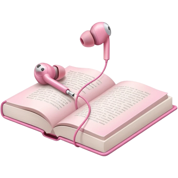  pink Pink Apple-style earbuds lying on an open book, soft pastel tones, cozy and minimal aesthetic, realistic lighting and shadows, top-down view, transparent background" emoji