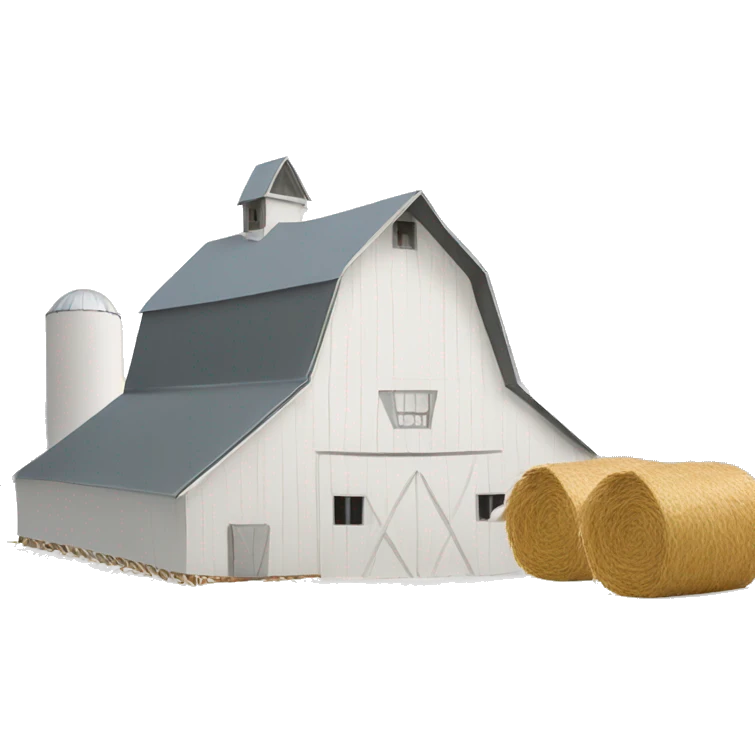 White barn with haystacks. Snowing  emoji