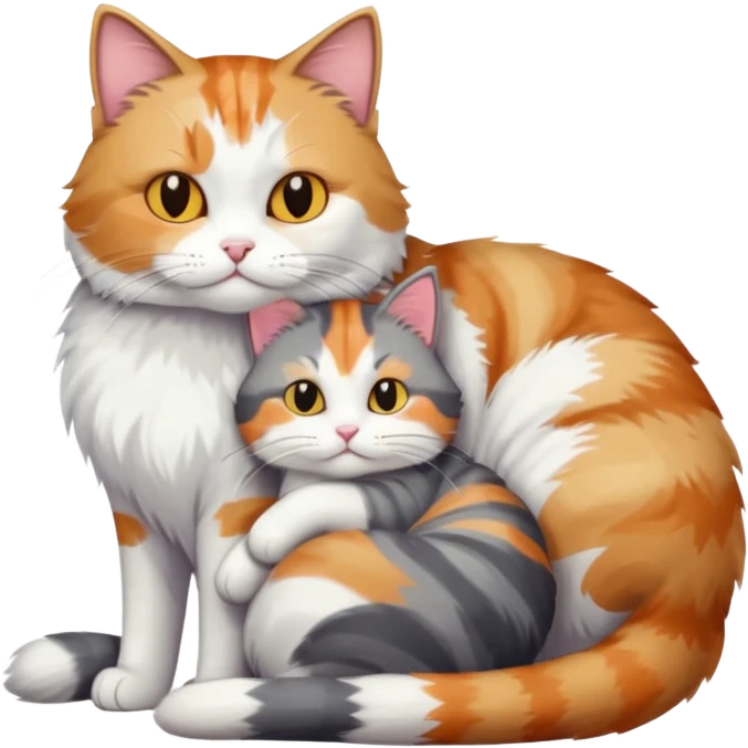 full body colourful light patched calico + white tabby cat cuddling a big grey and white cat  emoji