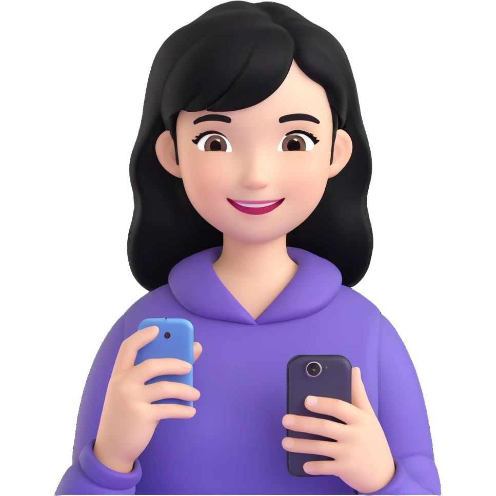 girl holding a smartphone, smiling, emoji style, with black hair emoji