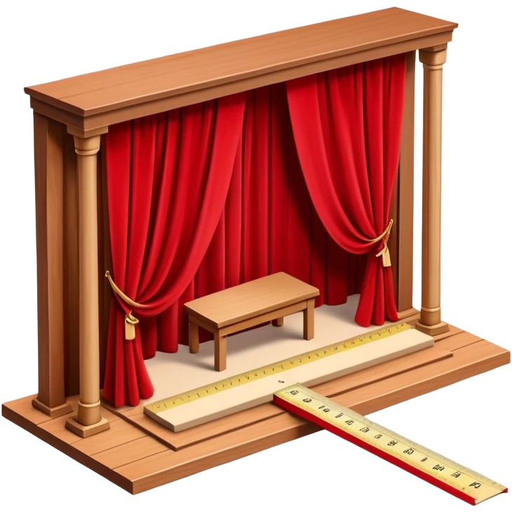 Miniature wooden stage set with a curtain, ruler, measuring tape, and small interior structure pieces floating around it in an organized, creative layout emoji