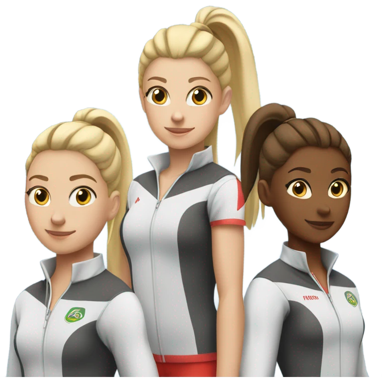 Three girls in track uniforms 2 with blonde pony tails one with brown ponytail emoji
