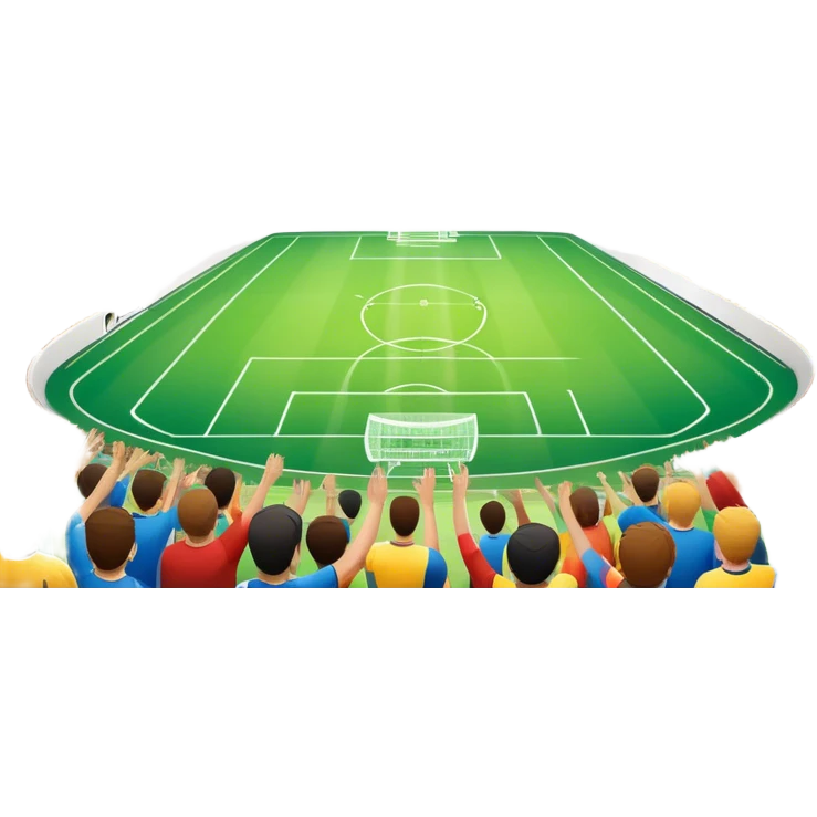 An icon showing a large, beautiful indoor stadium with soccer players on the field, actively playing. Fans cheer from the stands, creating a vibrant and energetic atmosphere. Bright lights shine down on the action, symbolizing the excitement of live sporting events. Transparent background. emoji