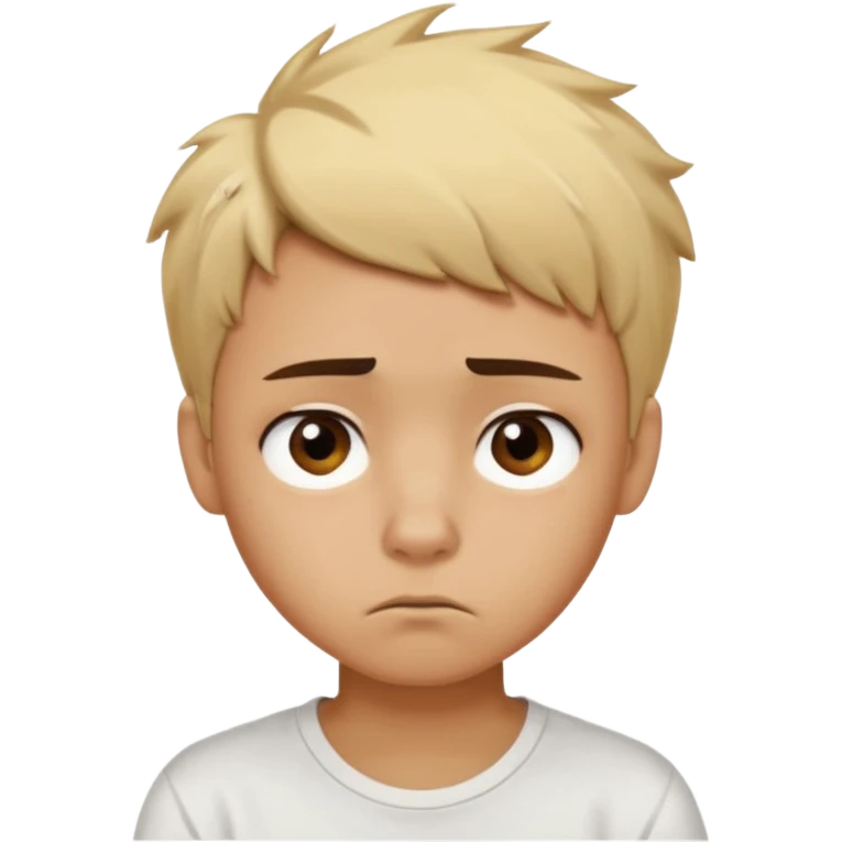 caramel skin color. Teen age. Short buzz, messy blonde hair, dark brown bushy eyebrows large expressive golden-brown eyes, brown skin color, scar over nose, wearing a plain white t-shirt. Disappointed thinking facial expression. caramel skin color emoji