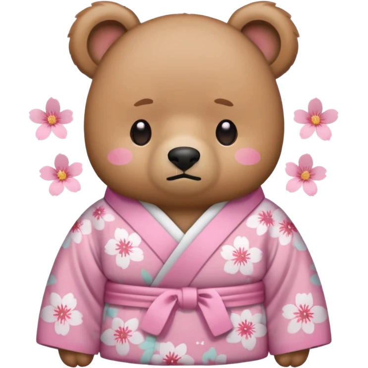 A cute light-brown bear wearing a pastel pink sakura-patterned kimono, normal balanced body ratio.  
Tears pooling under the eyes and softly streaming down cheeks, sad trembling mouth and droopy ears.  
Kawaii emoji style, minimalistic clean sticker illustration, white background. emoji