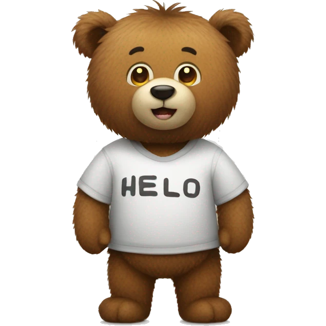 Our fuzzy bear wearing a shirt saying “hello everyone” emoji