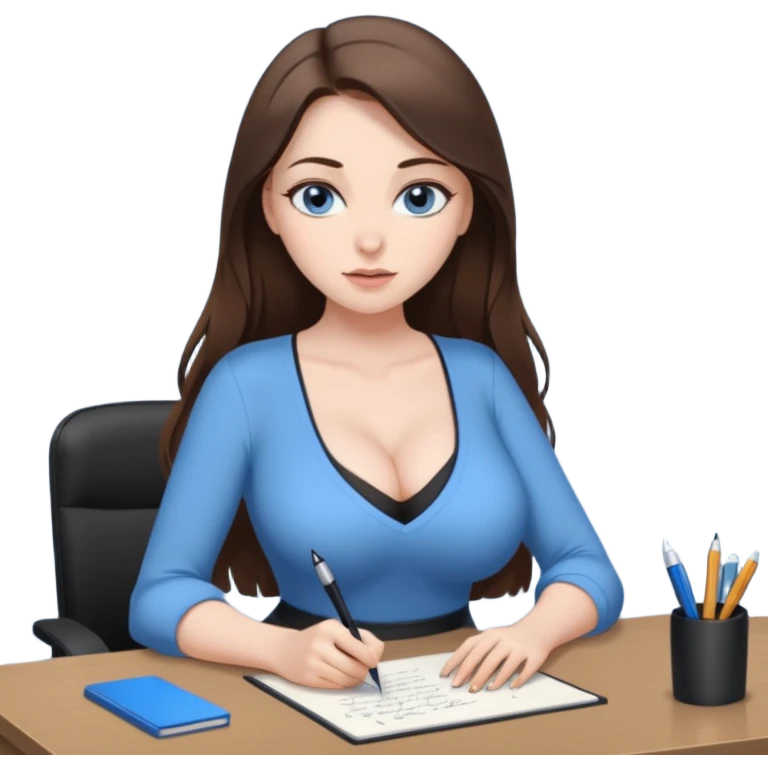 sexy woman brunette, very large breasts, pale skin, blue eyes, long brown hair, tight pale low cut  blouse, short black skirt. at desk emoji