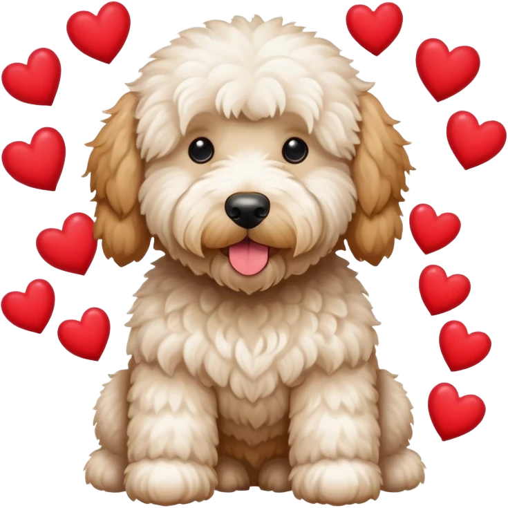 White Fluffy Goldendoodle surrounded by hearts emoji