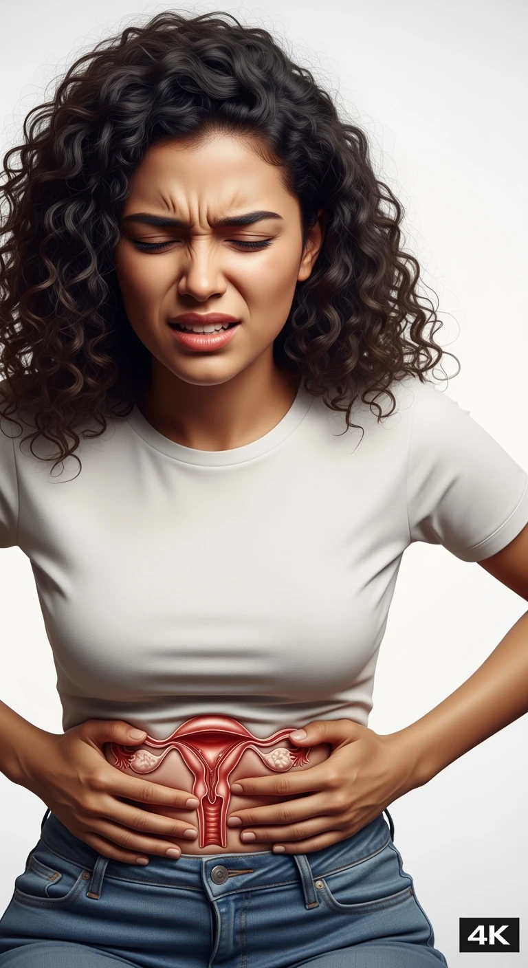 donna con utero umano realistico in evidenza dolorante, espressione di dolore in volto, sfondo bianco, non farla computerizzata, ma iperrealistica 4k emoji