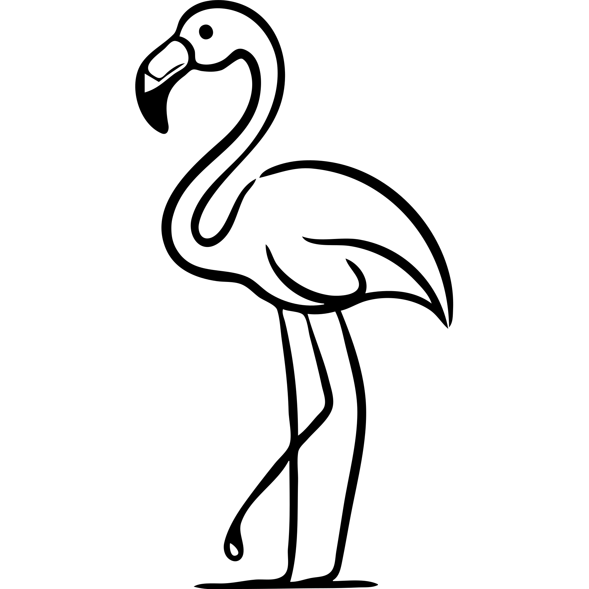 A flamingo in profile with its distinctive curved neck, slender legs, and characteristic beak. The bird is standing elegantly with one leg raised. emoji