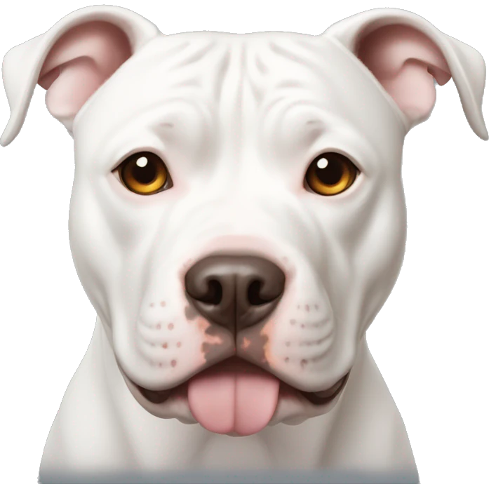 White Pit bull with an odd shape brown spot on the right eye area emoji