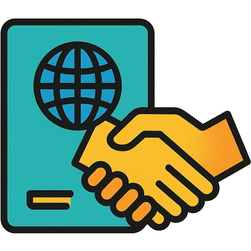 Add a symbol of a passport or official document to the icon, keep the style and colors consistent, emphasize trust and integration, no background. emoji