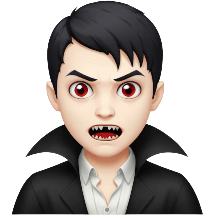 vampire boy, black edgar cut hair, white shirt, creepy expression emoji