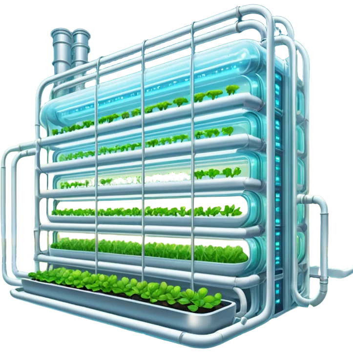 Exterior view of a futuristic hydroponic farm with glowing neon pipes and transparent water channels, sleek buildings shaped like nutrient tanks, vegetables and wheat growing in vertical layers, surreal atmosphere, emoji-style, cartoony emoji