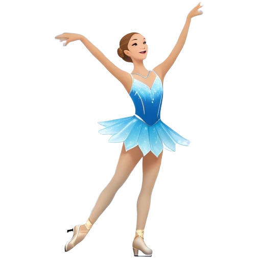 An icon showing a graceful figure skater performing a spin on the ice in a grand ice palace. The rink is illuminated by soft light beams, with cheering spectators in the stands. Snowflakes gently fall, adding to the magical atmosphere. Transparent background highlights elegance and artistry. emoji