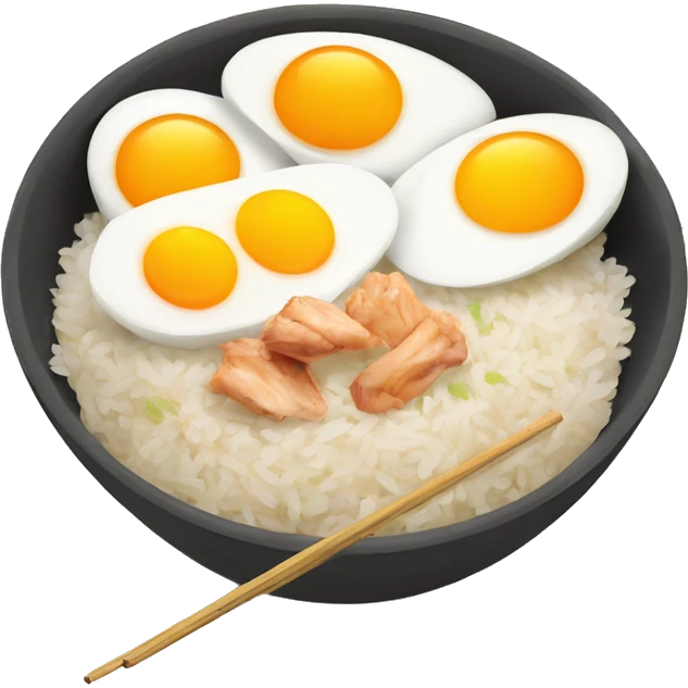 a bowl of rice with two eggs and two chicken drumstick on top emoji