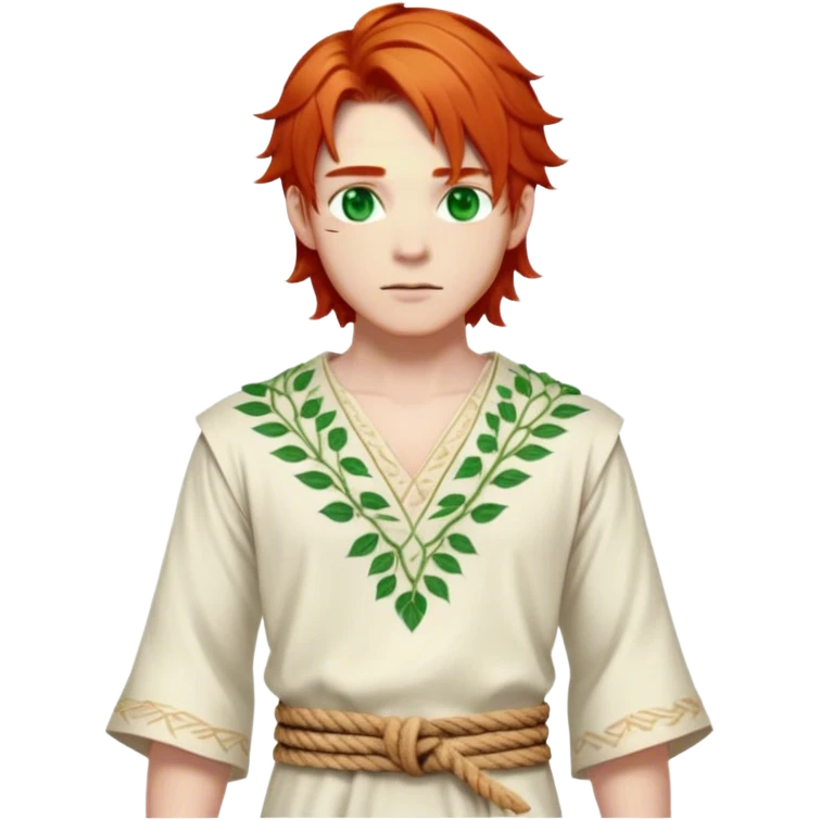 Medieval spring outfit worn by a DnD themed fantasy male character. Ecru cotton tunic featuring delicate leaf patterns in cream thread, paired with a twisted rope belt. Clothes only above the waist, full waist coverage. The character has no arms. Character is white-skinned with ginger red hair, emerald green eyes, and shoulder-length layered hair. emoji