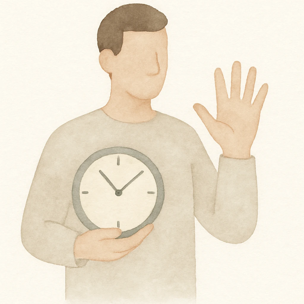 man holding a clock in one hand and counting to five with the other, clear gesture, expressive, simple background emoji