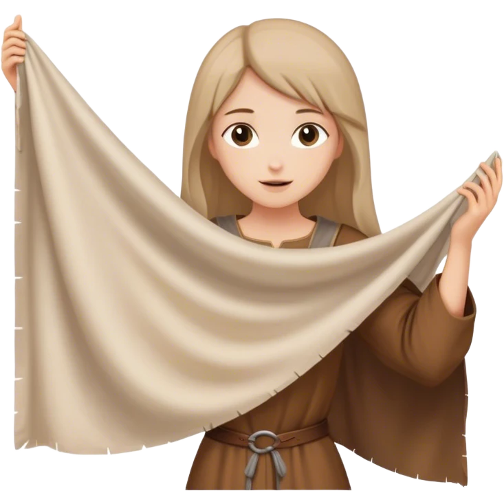 girl in brown tunic holding up a large white piece of cloth, medieval age emoji