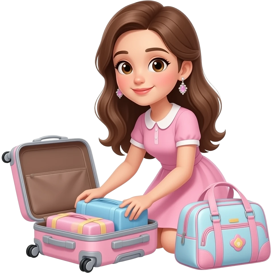 preparing for a trip/ let it be really girly, a girl packing, the girl has brown long hair emoji