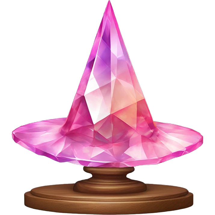crystal sculpture witch hat with a geometric, faceted design. The hat is standing upright on a wooden stand with angular and baroque features. The vibrant midtone tints of pastels and pink highlights the sharp edges and planes.  emoji