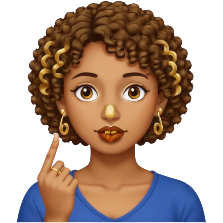 faça uma mulher com o cabelo curtinho cacheado com piercing no nariz e brincos e o dedo indicador no canto da boca morena emoji