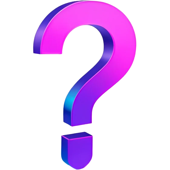 three-dimensional question mark with neon glow effect, blue and purple neon glow on top left, pink neon glow on bottom right emoji