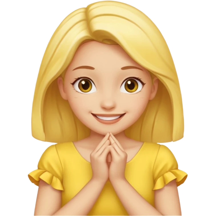 yellow smiling face girl with both hands under chin fingers touching emoji