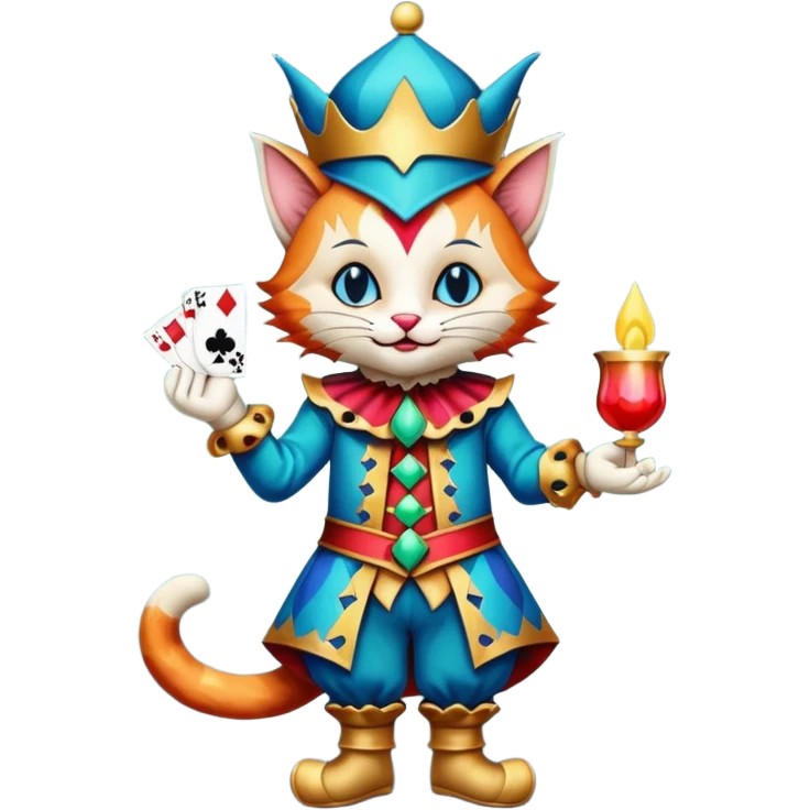crazy colorful cute little cat jolly joker from poker, medieval, vintage, court jester, mac os icon, blue color, full body emoji